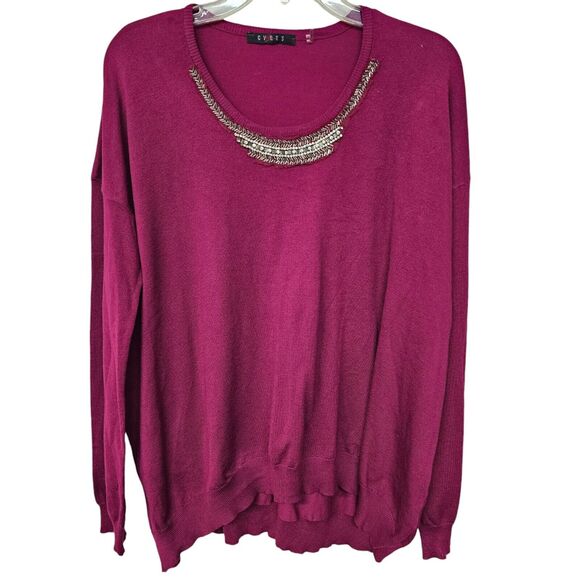 Cyrus Womens Sweater Size XL Pink Raspberry Beaded Neckline Dressy Office Party - Picture 1 of 9